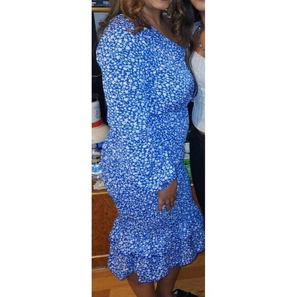 Women's Ditsy Floral Print Asymmetrical Neck Lantern Sleeve Mermaid Hem … - Picture 7 of 9